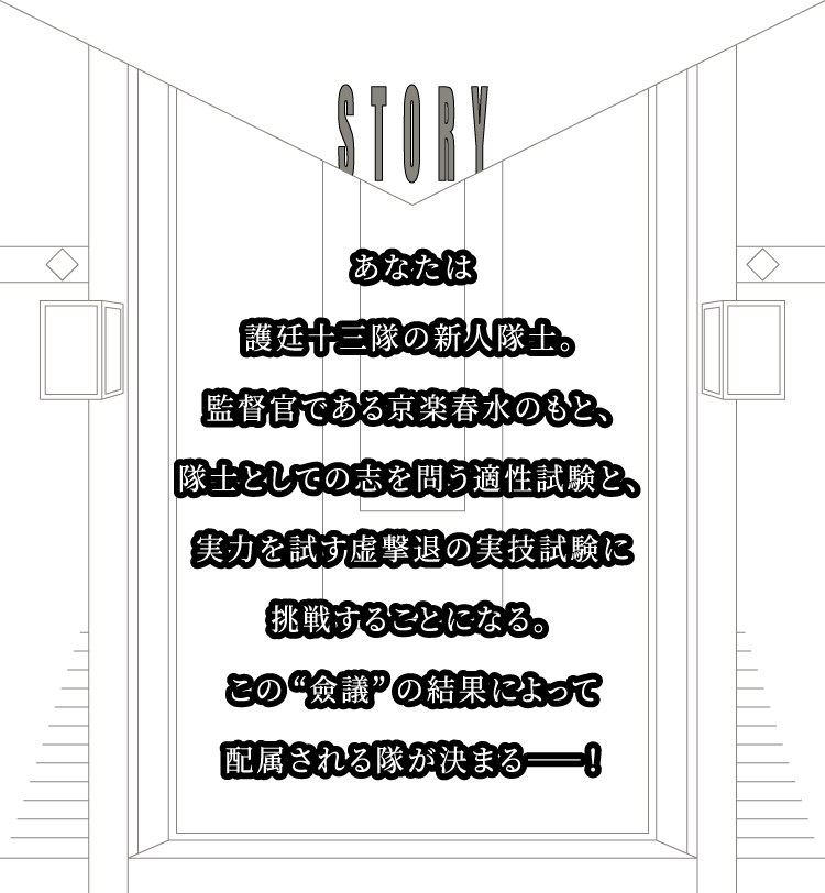 あなたは護廷十三隊の新人隊士。監督官である京楽春水のもと、隊士としての志を問う適性試験と、実力を試す虚撃退の実技試験に挑戦することになる。この“僉議”の結果によって配属される隊が決まる――!