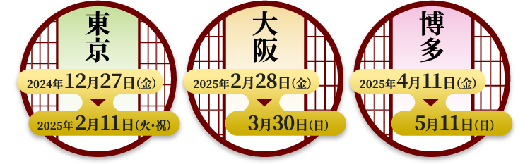 [東京] 2024年12月27日（金）〜2025年2月11日（火・祝）
                                                            [大阪] 2025年2月28日（金）〜3月30日（日）
                                                            [博多] 2025年4月11日（金）〜5月11日（日）