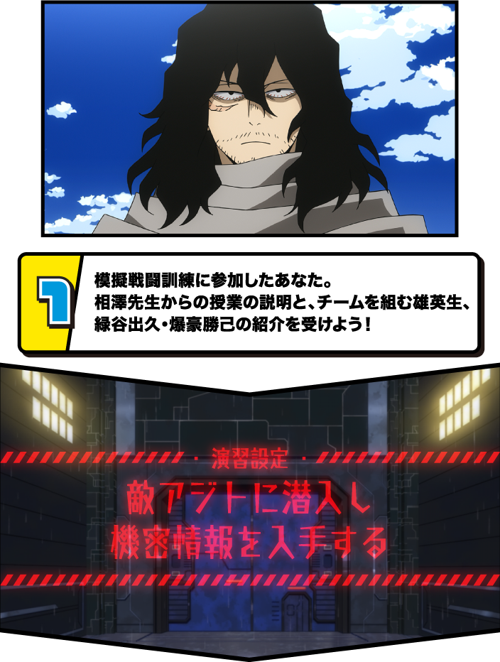 1.模擬戦闘訓練に参加したあなた。相澤先生からの授業の説明と、チームを組む雄英生、緑谷出久・爆豪勝己の紹介を受けよう！