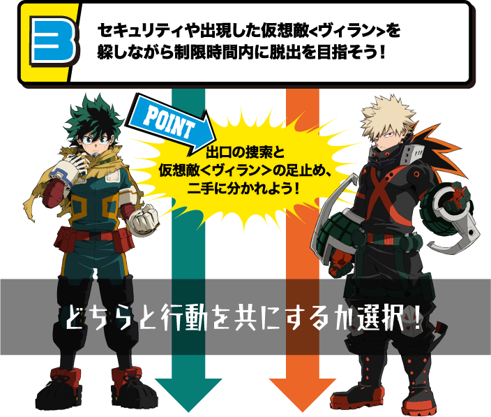 3.セキュリティや出現した仮想敵<ヴィラン>を躱しながら制限時間内に脱出を目指そう！