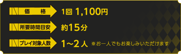 [価格] 1回1,100円　[所要目安時間] 約15分　[プレイ対象人数] 1〜2人 ※お一人でもお楽しみいただけます