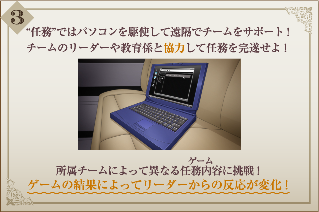 3.“任務”ではパソコンを駆使して遠隔でチームをサポート！チームのリーダーや教育係と協力して任務を完遂せよ！所属チームによって異なる任務内容（ゲーム）に挑戦！ゲームの結果によってリーダーからの反応が変化！