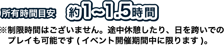 [所要時間目安] 約1〜1.5時間
																※制限時間はございません。途中休憩したり、日を跨いでのプレイも可能です（イベント開催期間中に限ります）。