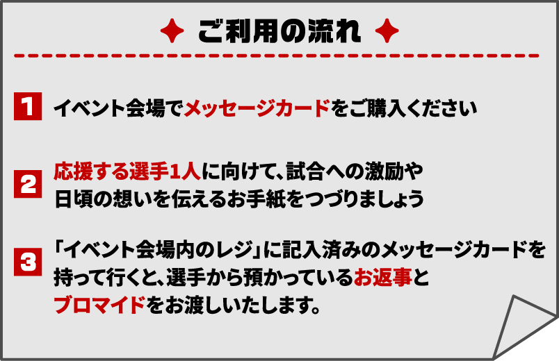 [ご利用の流れ]
                                                               1. イベント会場でメッセージカードをご購入ください
                                                               2. 応援する選手1人に向けて、試合への激励や日頃の想いを伝えるお手紙をつづりましょう
                                                               3. 「イベント会場内のレジ」に記入済みのメッセージカードを持って行くと、選手から預かっているお返事とブロマイドをお渡しいたします。