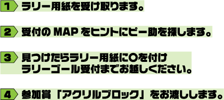 1. ラリー用紙を受け取ります。
															 2. 受付のMAPをヒントにピー助を探します。
															 3. 見つけたらラリー用紙に〇を付けラリーゴール受付までお越しください。
															 4. 参加賞「アクリルブロック」をお渡しします。