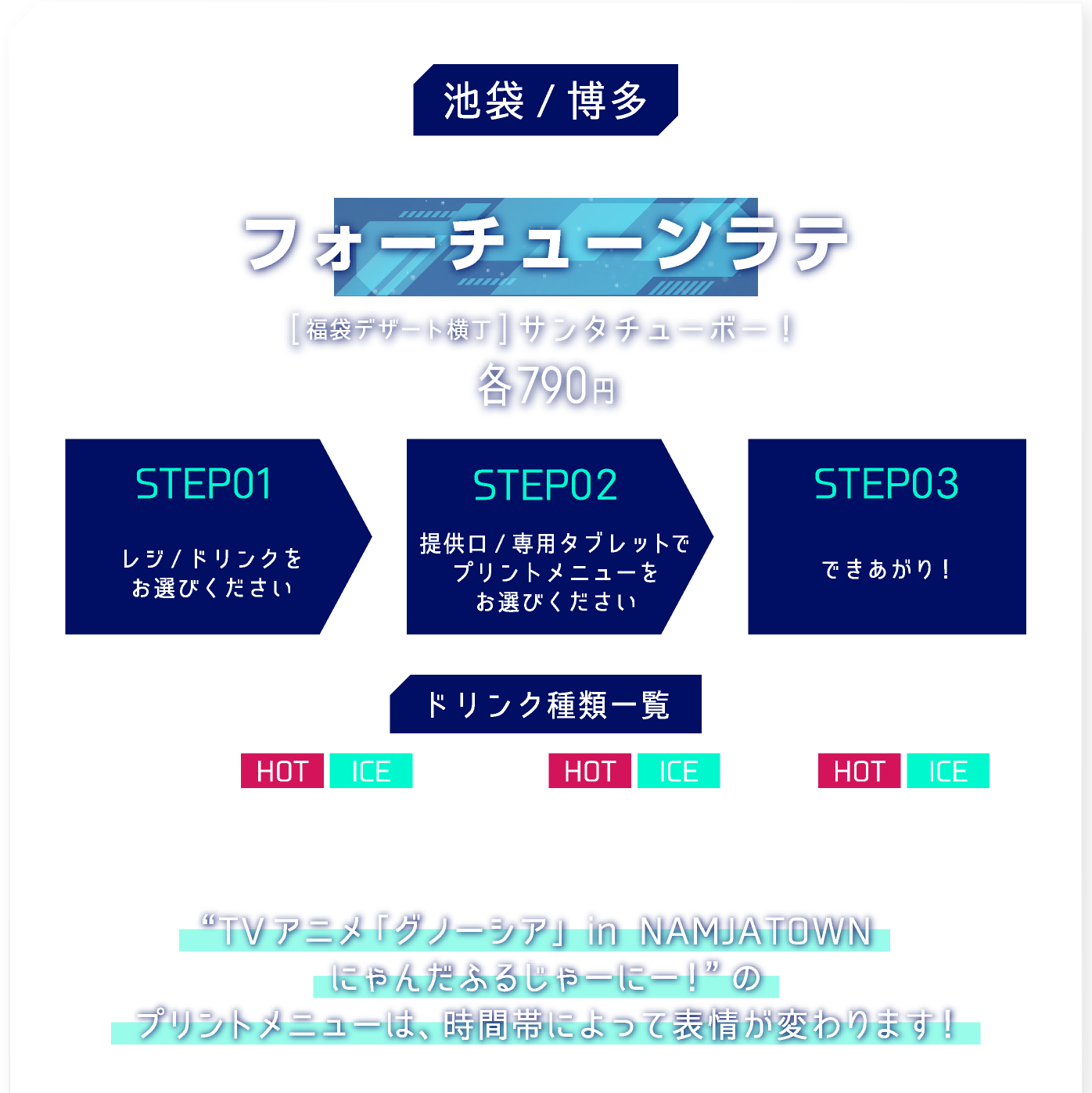 [池袋/博多] フォーチューンラテ
															 “TVアニメ「グノーシア」 in NAMJATOWN にゃんだふるじゃーにー！”のプリントメニューは、時間帯によって表情が変わります！