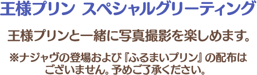 【王様プリン スペシャルグリーティング】王様プリンと一緒に写真撮影を楽しめます。
																				※ナジャヴの登場および『ふるまいプリン』の配布はございません。予めご了承ください。