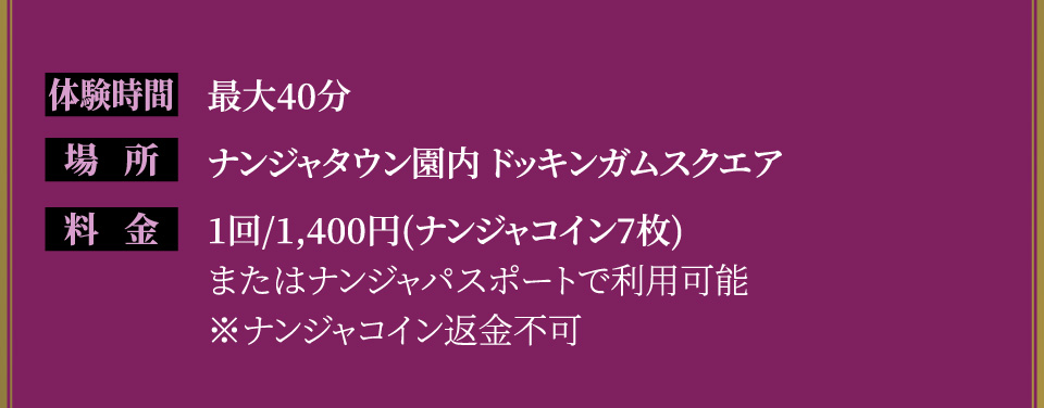 [体験時間] 最大40分
																   [場所] ナンジャタウン園内 ドッキンガムクスエア
																   [料金] 1回/1,400円(ナンジャコイン7枚)またはナンジャパスポート利用可能 ※ナンジャコイン返金不可