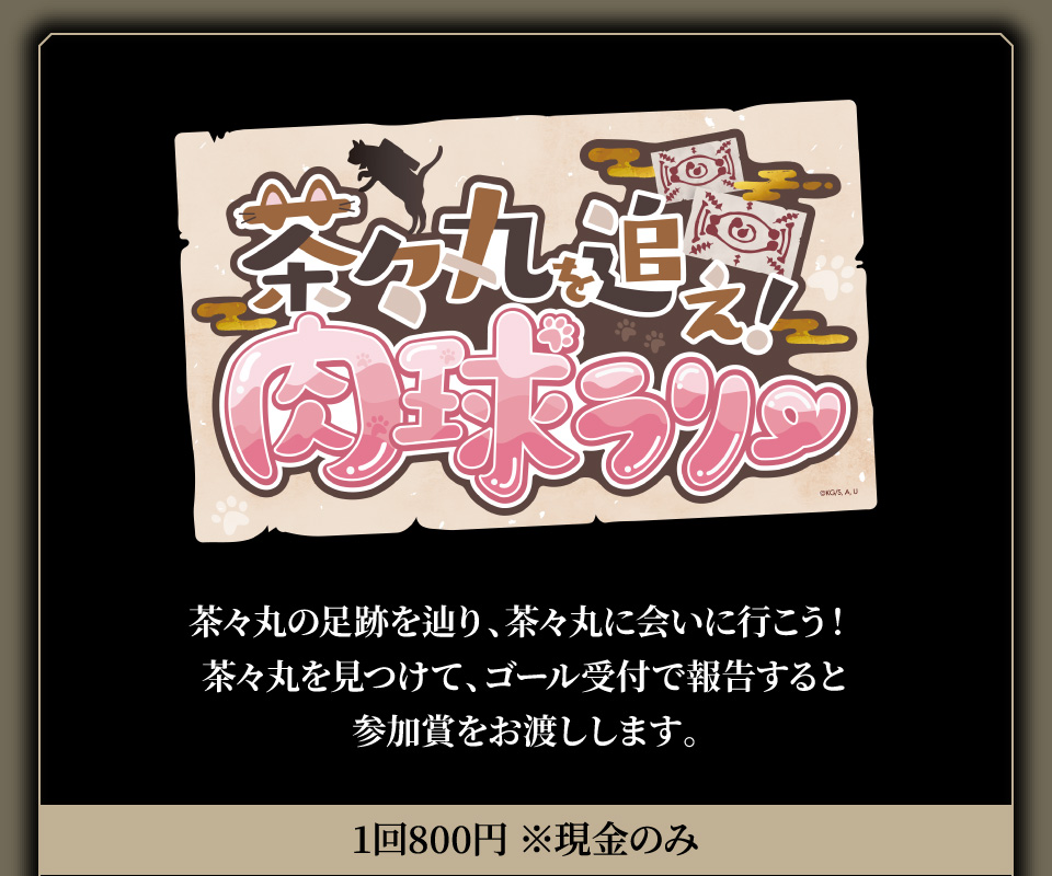 【茶々丸を追え！肉球ラリー】茶々丸の足跡を辿り、茶々丸に会いに行こう！茶々丸を見つけて、ゴール受付で報告すると参加賞をお渡しします。