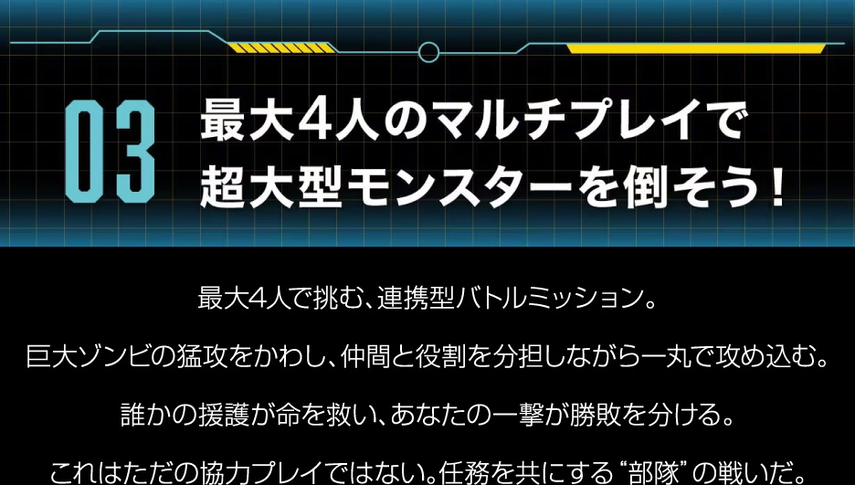 03.最大4人のマルチプレイで超巨大モンスターを倒そう！