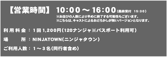 【営業時間】10:00～16:00（最終受付 15:30）
                                                                   ※お並びの人数により早めに終了する可能性もございます。
                                                                   ※こちらは、キャストによるおどろかしが無いバージョンとなります。
                                                                   体験料金：1回1,200円（120ナンジャ ※パスポート利用可）
                                                                   場所：NINJATOWN（ニンジャタウン）
                                                                   ご利用人数：1〜3名（同行者含め）