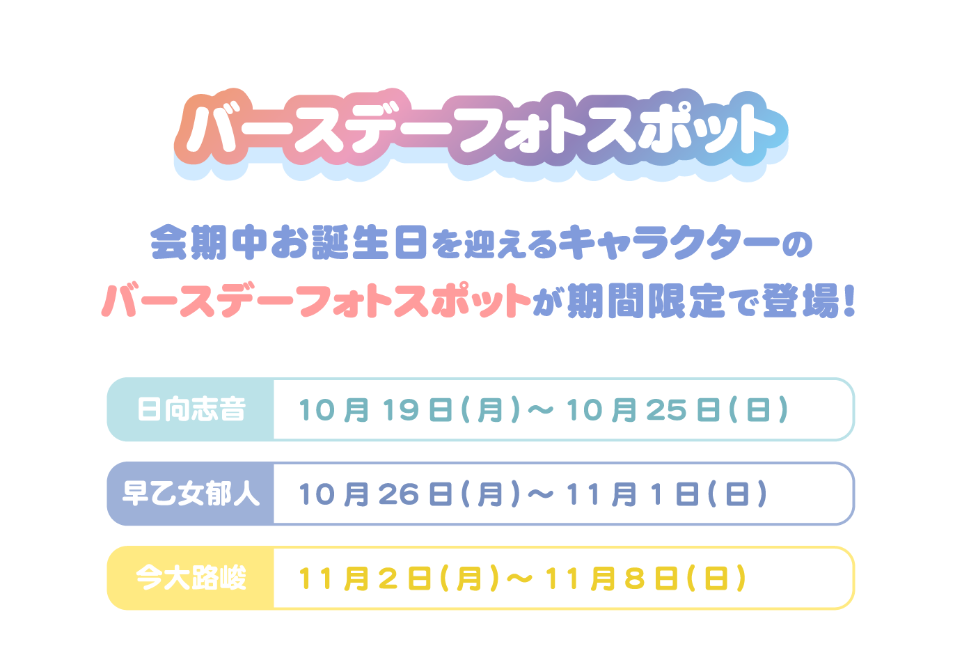 [バースデーフォトスポット] 会期中お誕生日を迎えるキャラクターのバースデーフォトスポットが期間限定で登場！